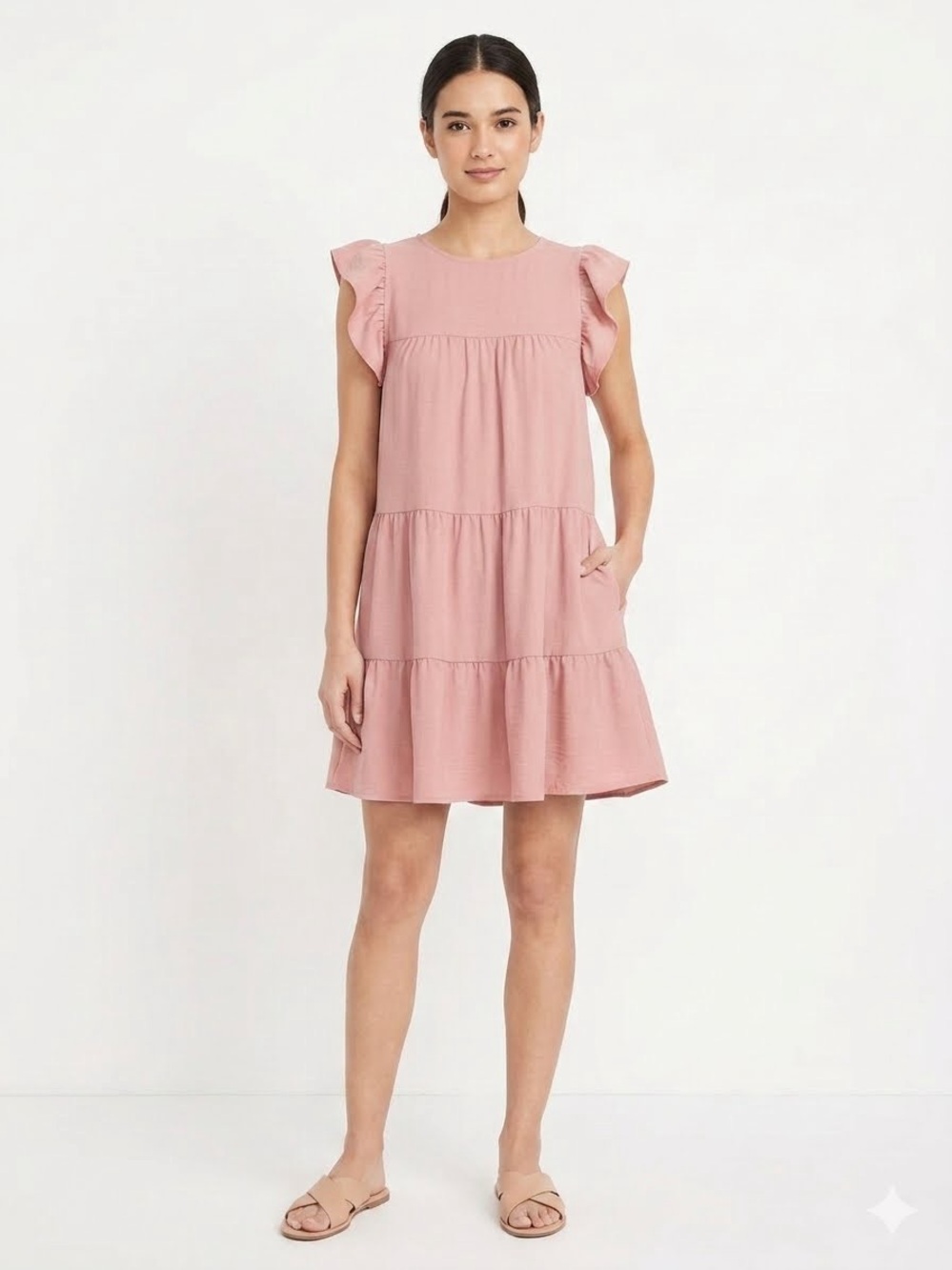 Altar'd State Dusty Rose Tiered Flutter-Sleeve Day Dress